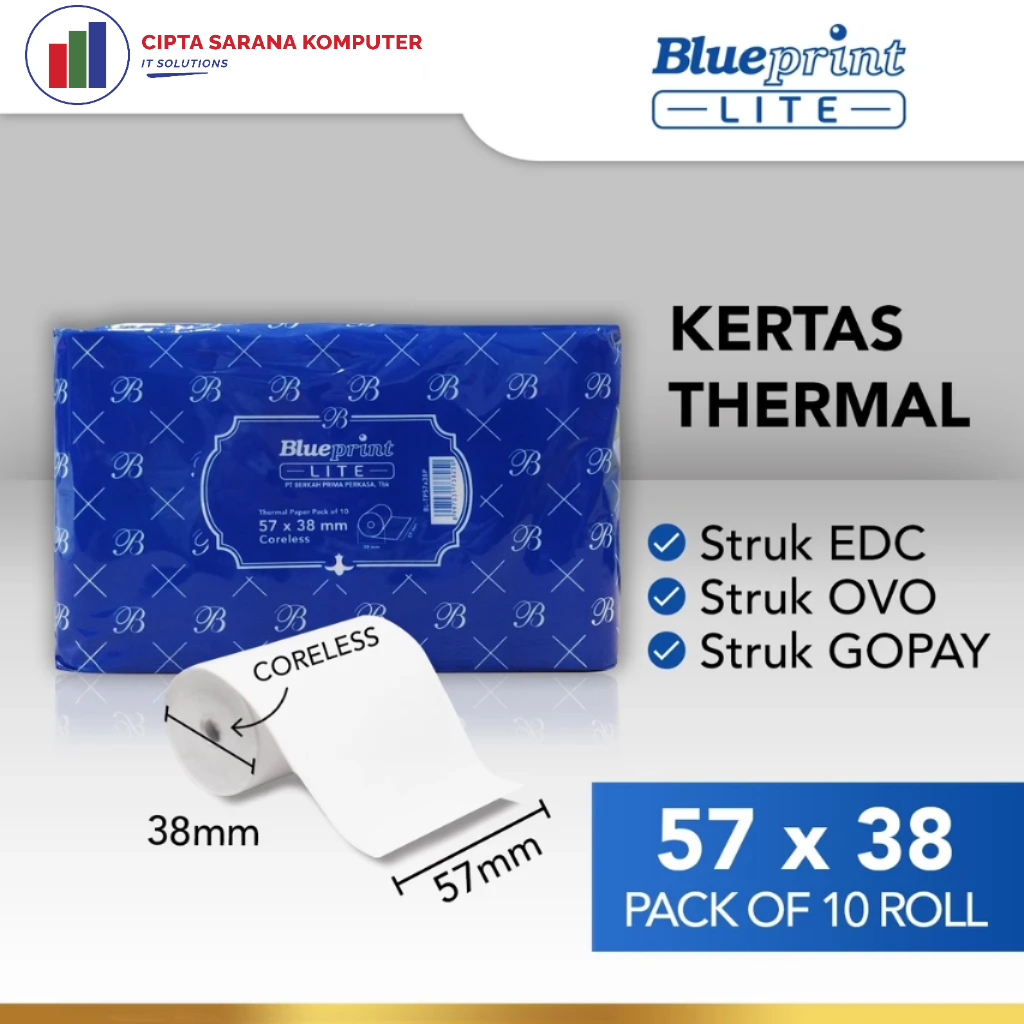 กระดาษใบเสร็จความร้อน BLUEPRINT LITE 57x38, 57x38 - 1 แพ็ค (เนื้อหา 10 ม้วน)
