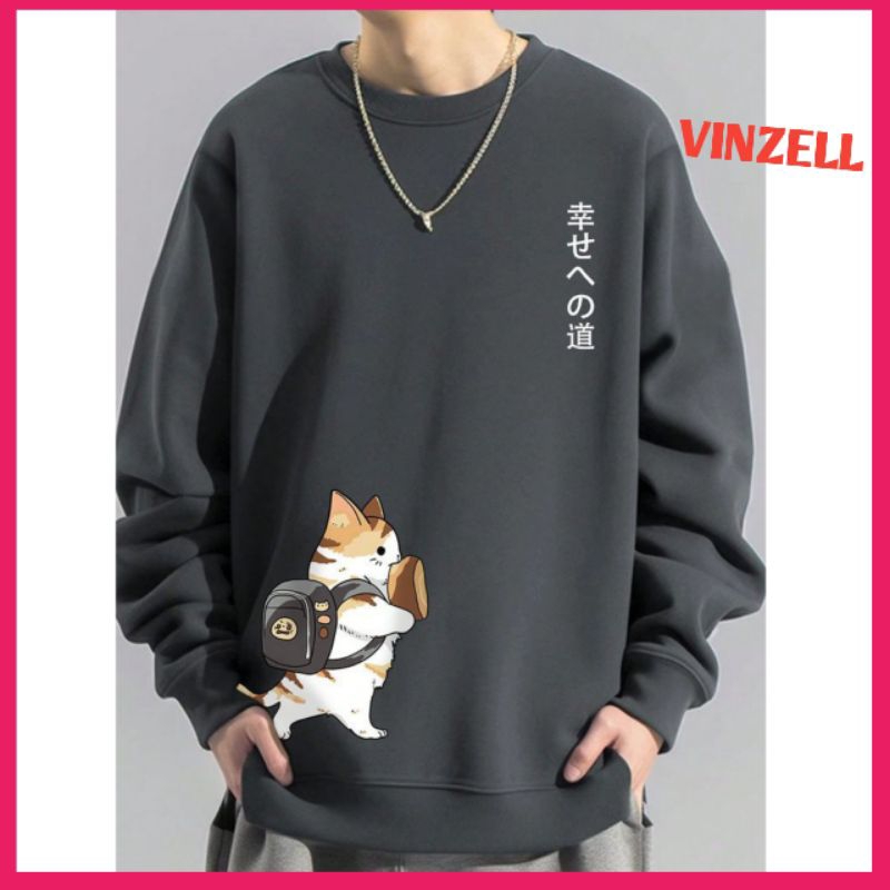 Hitam สไตล์เกาหลี SWETER CAT BIGSIZE MOTIF (S-6XL) CREWNECK OVERSIZE UNISEX SWITER OBLONG JUMBO ผู้ชายผู้หญิง SAGE GREEN MINT BLACK TOSCA ABU PARALON VINZEL