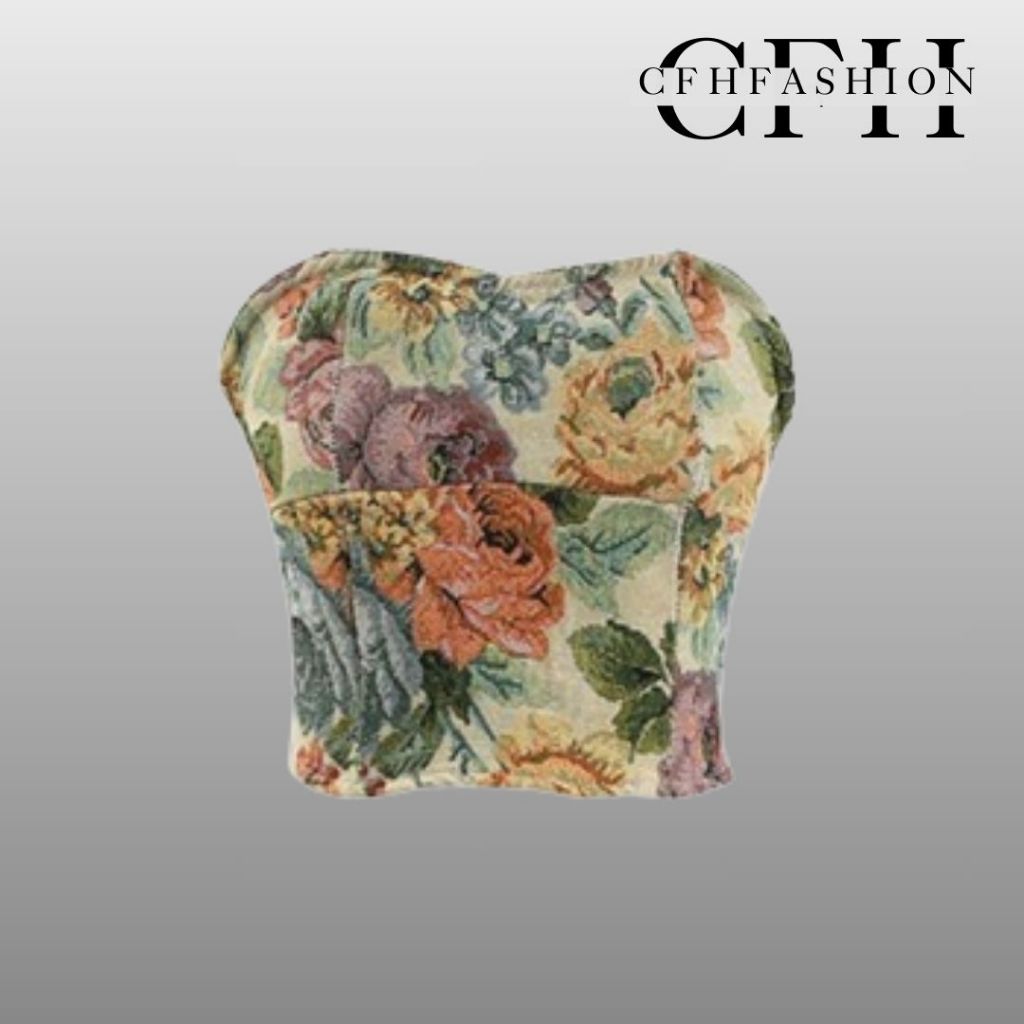 CFH Top Vintage Floral Premium Sabrina Kemben Lace Vest V คอ Crop Top Slim Fit BRK48