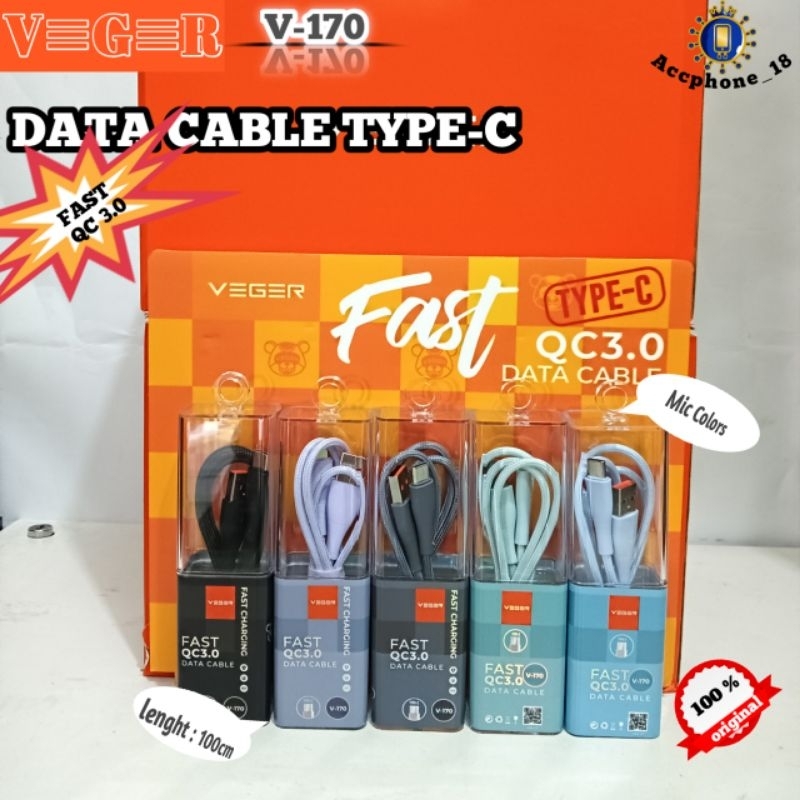VEGER V170 / ชิ้นสายเคเบิลข้อมูล Type-C ชาร์จเร็ว QC3.0