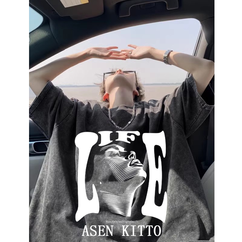 Asen KITTO LIFE ผู้ชายผู้หญิงล้างเสื้อยืดขนาดใหญ่เสื้อยืด distro เสื้อผ้าต้นฉบับ 100%