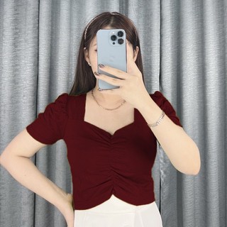 Crop Top Blouse Wanita Kerut Tengah Korea - Baju Crop Top Polos Wanita Spandek Import 6010