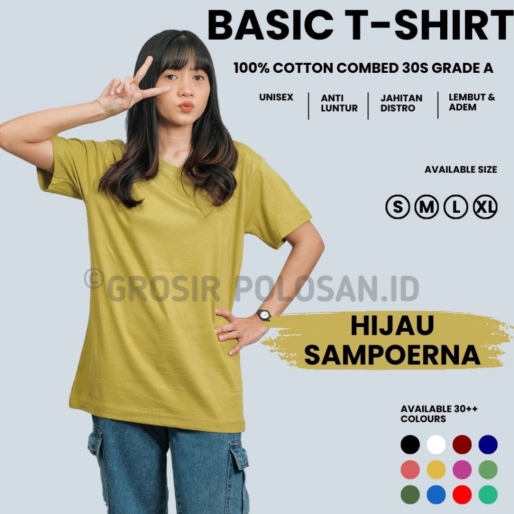 Hijau KATUN Sampoerna สีเขียวธรรมดาเสื้อยืดแขนสั้นผ้าฝ้าย Combed 30s ผู้ชายผู้หญิง Unisex ผ้าฝ้ายพรี