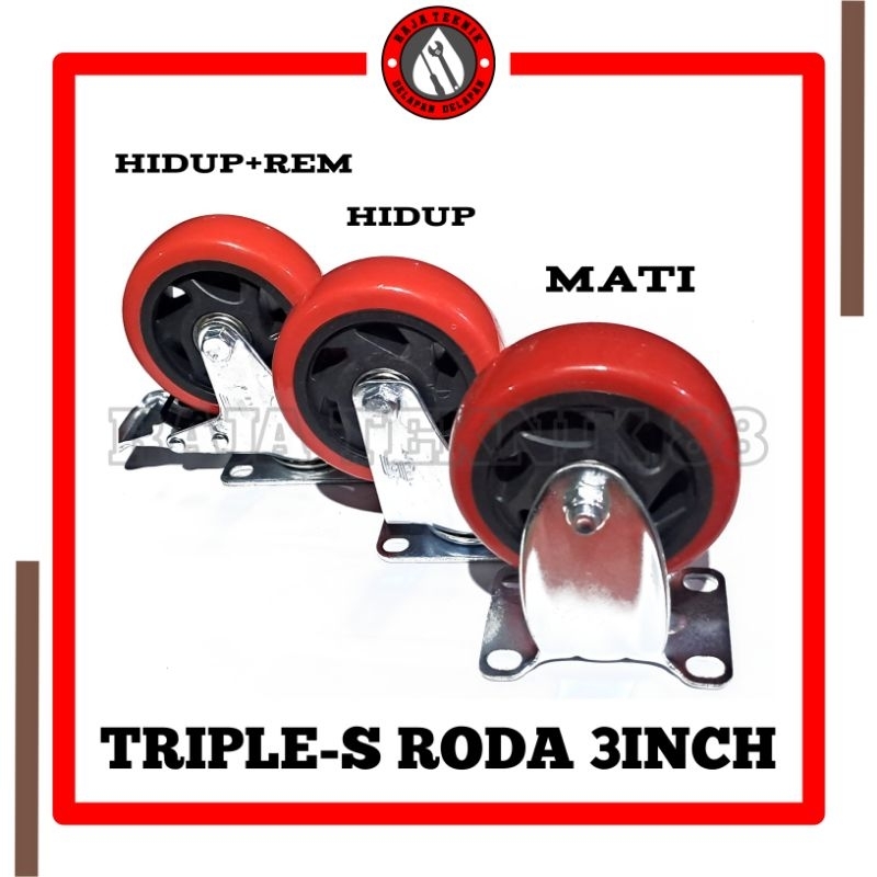 TRIPLE S PVC WHEELS 3" นิ้วในการเบรคแบริ่งคู่ TROLLEY TRLLY WHEEL RUBBER CART สีแดง