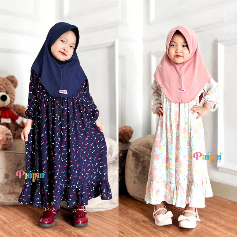 Pinpin Kids - Syila Gamis สําหรับเด็กผู้หญิง / เสื้อผ้ามุสลิมสําหรับเด็กพร้อมฮิญาบฟรี / แฟชั่นเด็กมุ