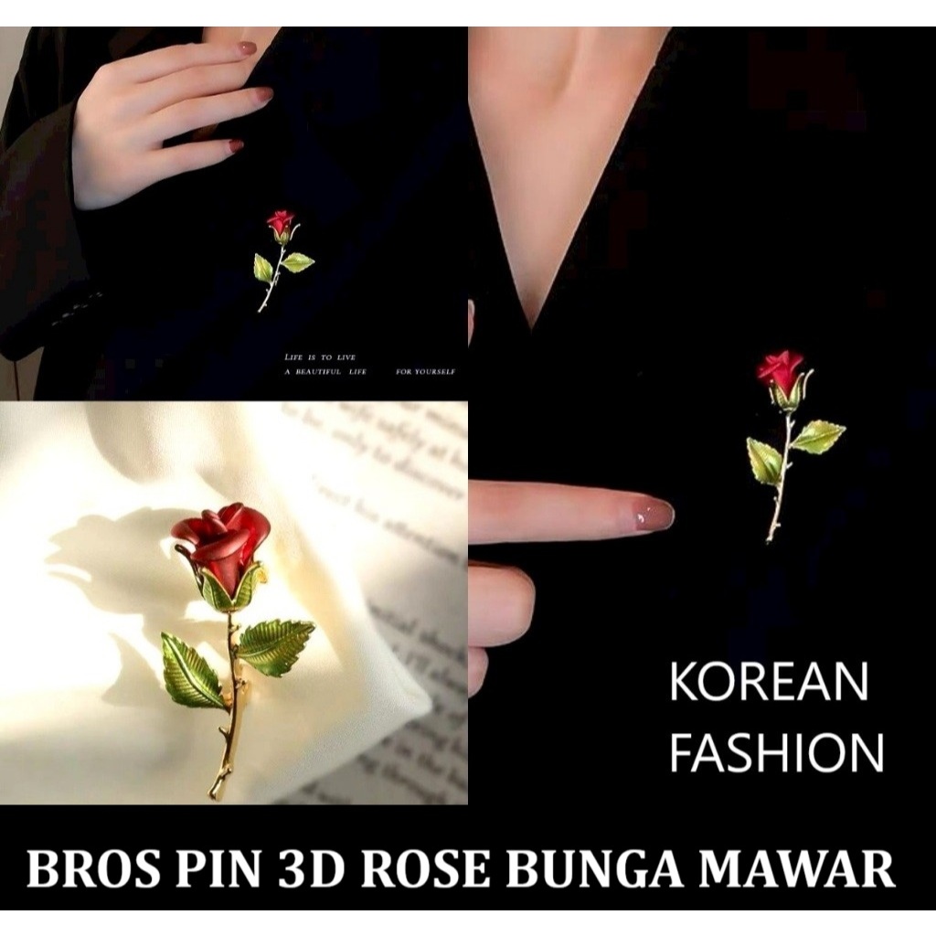 MAWAR MERAH Pin Bros 3D Red Rose Flower พรีเมี่ยมหรูหรา Red Rose Flower ต้นฉบับนําเข้า Pin เสื้อผ้าก