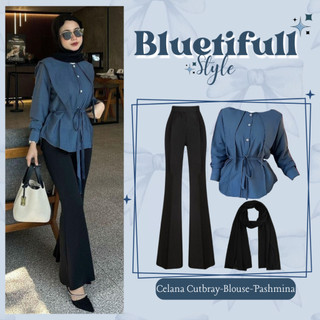 Setelan Wanita Murah (Celana Cutbray - Blouse Denim - Pashmina Ceruti) One Set Korean Style LP124