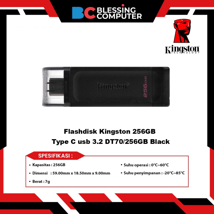 แฟลชไดรฟ์สีดํา Kingston 256GB Type C usb 3.2 DT70/256GB
