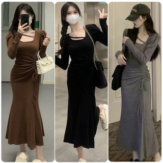 First Girl-Gaun Wanita Basic Knit Slim Long Sleeve  dress bodycon   baju dress wanita- G009