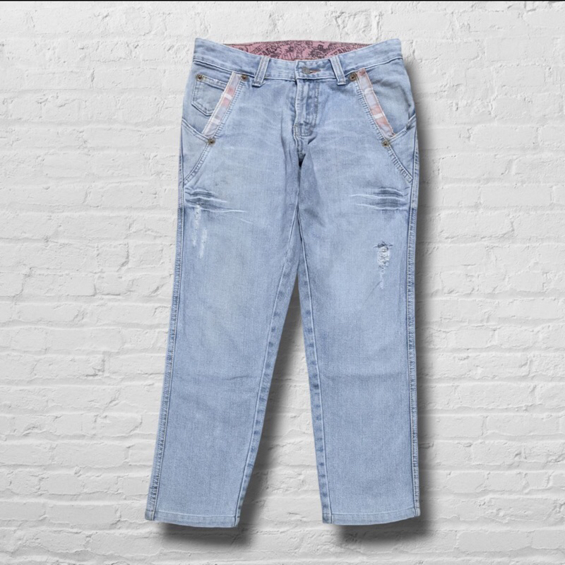 กางเกงยีนส์กางเกงขายาว M4B Y2k สีฟ้าอ่อนล้าง Falling Slim CJ593