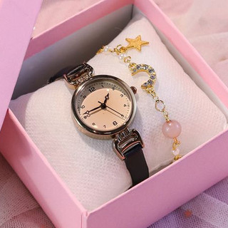 3PCS Jam Tangan Kuarsa Wanita Penunjuk Bulat Subdial PU Tali Kulit Jam Tangan Gelang Gratis (Dilengkapi Dengan Kotak Hadiah)