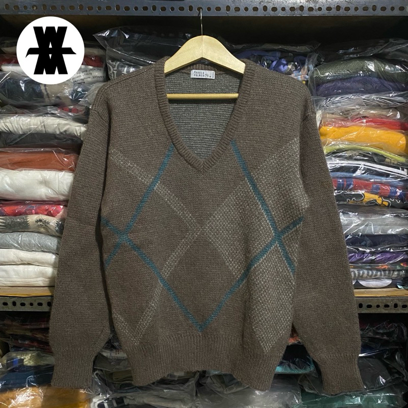 Vintage Arnnold Palmer Argyle Pattern Wool V Knit Brown Size M 65x50