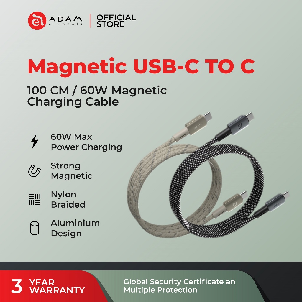 องค์ประกอบ ADAM CASA MS100 USB-C ถึง USB-C 60W สายชาร์จแม่เหล็ก