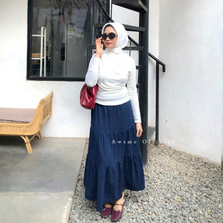Awsme - Rok Denim Ara / Ruffle Skirt Basic Warna Biru