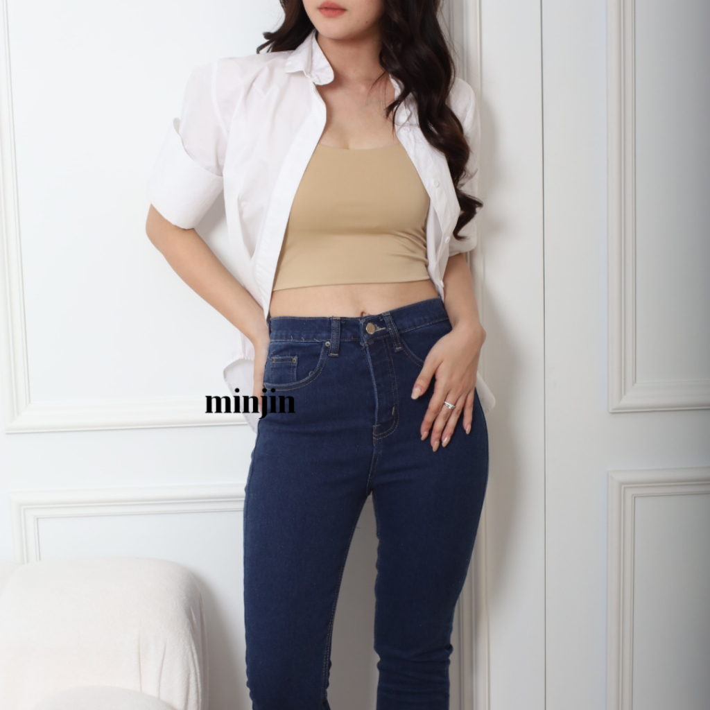 MINJIN - YEJIN - กางเกงยีนส์เอวสูง Boyfriend Stretch - สีกรมท่า