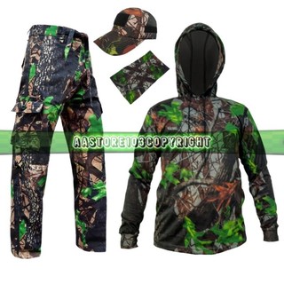 SATU SET SETELAN KAOS HOODIE TOPI BUFF LORENG CAMO PERBAKIN - BAJU LORENG CAMO HUNTING