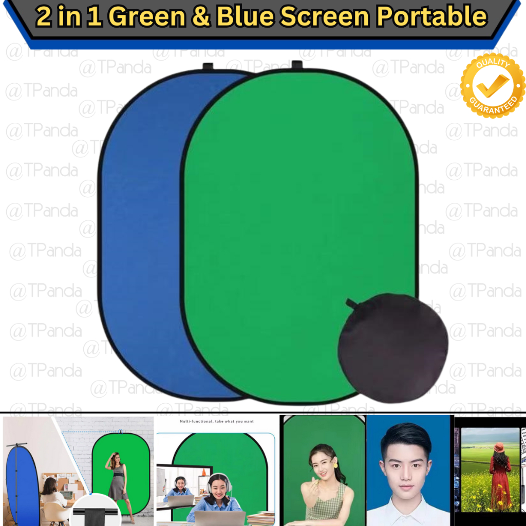 HIJAU 2 in 1 GREEN & BLUE SCREEN พับพับ Chroma Key VFX แบบพกพาภาพวิดีโอพื้นหลังสีเขียวผ้าออนไลน์ Cla