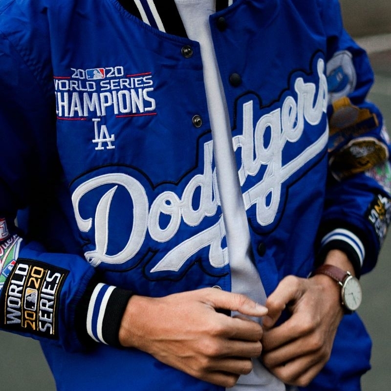 Mens Varsity Jacket Baseball Los Angeles Dodgers Blue Full เย็บปักถักร้อย - Seven Time Win