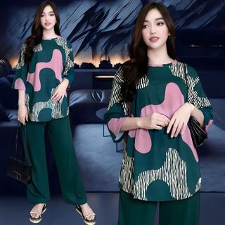 TELSA SETELAN WANITA LD 120 & LD 130 CELANA LURUS DAN ATASAN OVAL BELAHAN KIRI DAN KANAN OVERSIZE WANITA celana lurus karet kantor kaos santai Motif