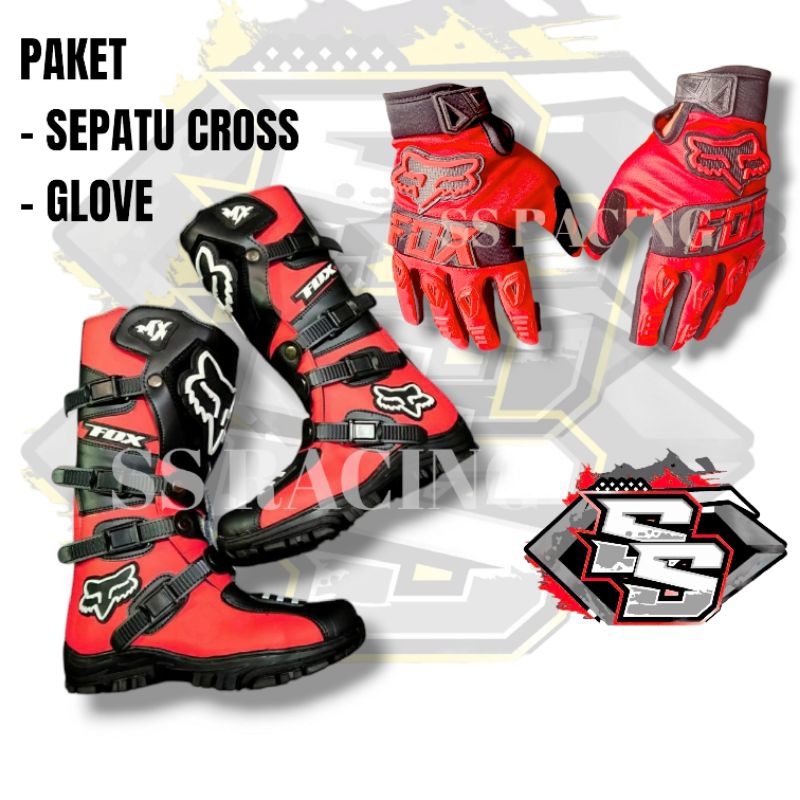 MERAH ADULT CROSS รองเท้า + ถุงมือ CROSS TRAIL OFFROAD TRABAS GESTRIK TOURING ADVENTURE MOTORCYCLE RED BLACK