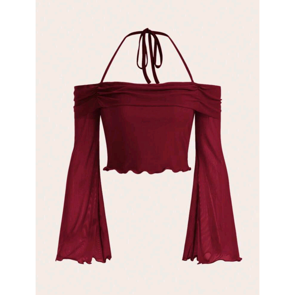 SC Icon Halter Neck Lettuce Trim Flounce Sleeve Spring Crop Top