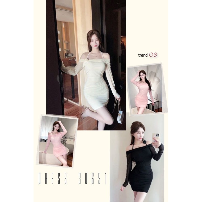 รหัส 30651 สปันินา ชุดเดรสผู้หญิงกระเบื้อง วัสดุยืดแขนยาว