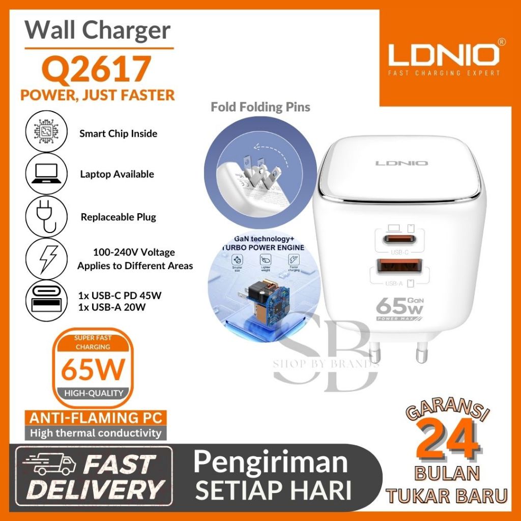 Travel Wall Charger LDNIO Q2617 USB C PD QC GaN 65W หมุดพับได้ Super Fast Charging