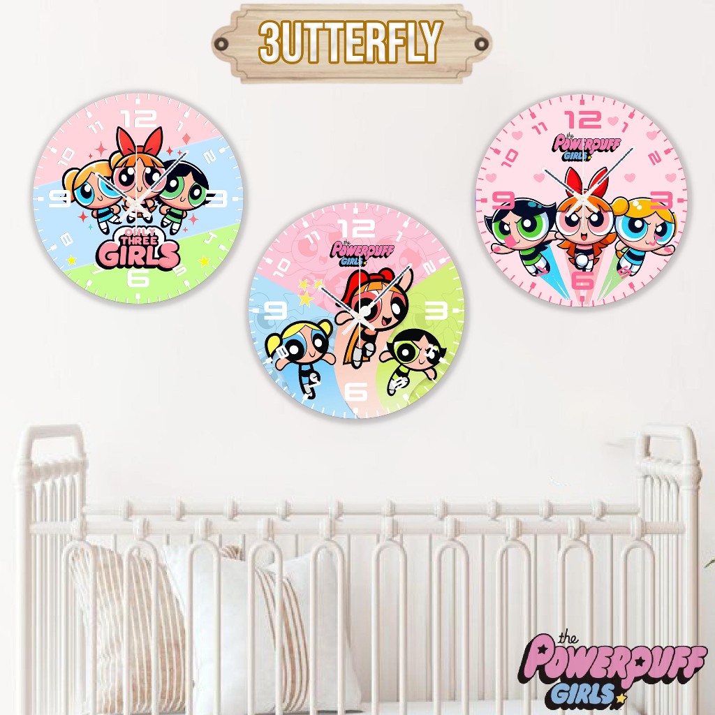 [WALL CLOCK] POWERPUFF GIRL Motif Wood 3 COLOR Wall Decoration Display