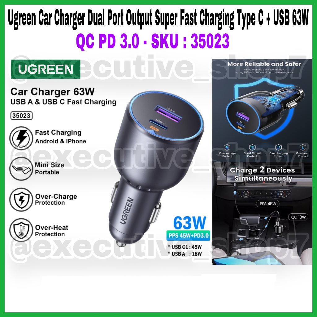 Ugreen Car Charger Dual Port Output Super Fast Charging Type C + USB 63W - QC PD 3.0 - SKU 35023