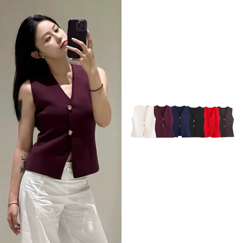 MERAH [READY] ETHEL COUTURE - Cania Vest Top / Womens Casual Official Short Sleeve Top White Maroon 