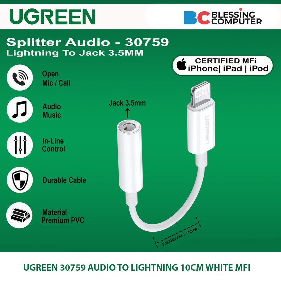 UGREEN 30759 AUDIO TO LIGHTNING 10 ซม. MFI สีขาว