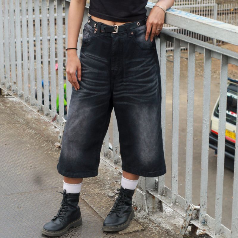 Jorts Pants 7/8 Black Wisker Unisex ผู้ชายผู้หญิง Jorts กางเกง Unisex