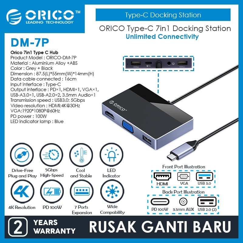 Orico 7in1 Type C Hub USB 3.0 2.0 PD 100W HDMI 4K 30Hz VGA AUX - DM-7P