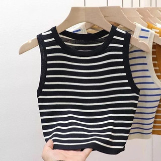 ANEKARAJUT198 Tank Top Wanita Stripe Crop Top / Casual Atasan Rajut Garis Tanpa Lengan Korean