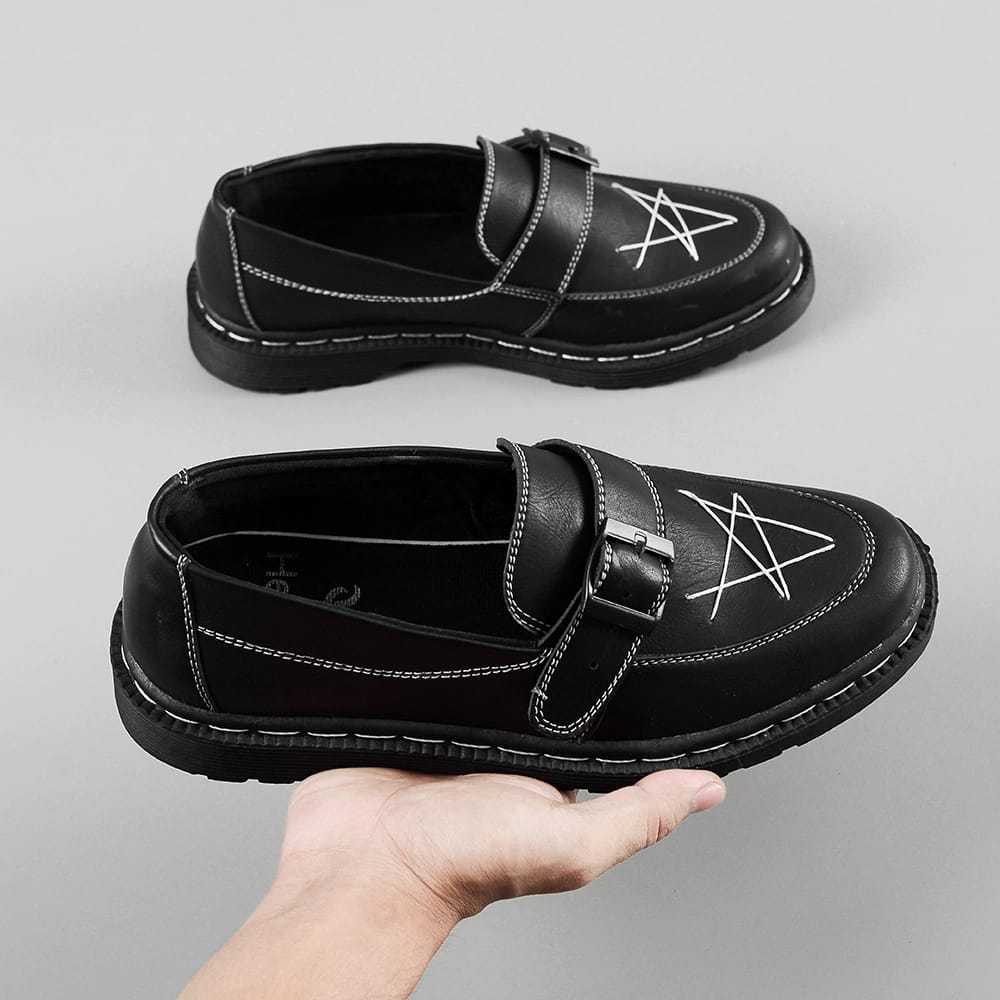 Starlight Mens Black Leather Penny Loafers Shoes / Star Burn Mens Penny Loafers Shoes / Mens Star Pe