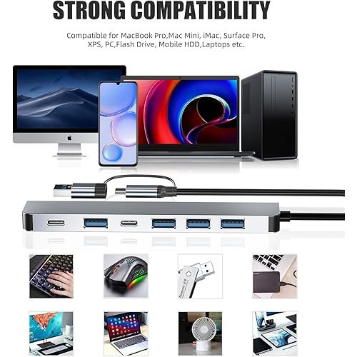 7 IN 1 USB C & USB HUB พร้อม USB 3.0, พอร์ต USB 2.0 สําหรับ PC/แล็ปท็อป/MacBook Pro/Air/iMac/iPad แล
