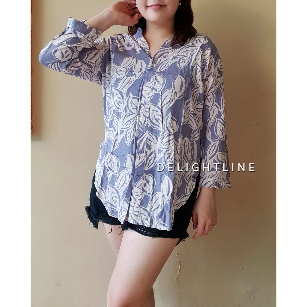 DELIGHTLINE - LEAVES PANORAMA SIMPLE BLOUSE LONG SLEEVE 7/8 - TOP jumbo bigsize เรยอน