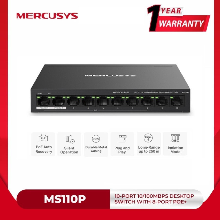 MERCUSYS MS110P 10-PORT 10/100 MBPS DESKTOP SWITCH พร้อม PoE 8-PORT+