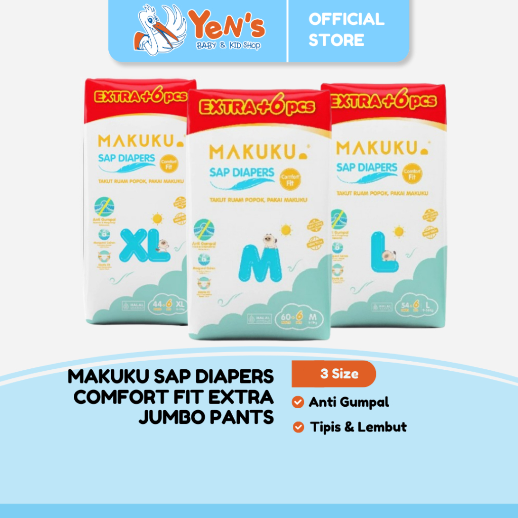 MAKUKU SAP Diapers Comfort Fit Extra Jumbo+6 Pants M/L/XL - ผ้าอ้อมเด็กป้องกันการปีนบางเป็นพิเศษ