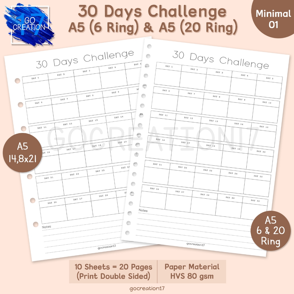 Simple Minimalist 30 Day Challenge Binder Paper Planner Book A5