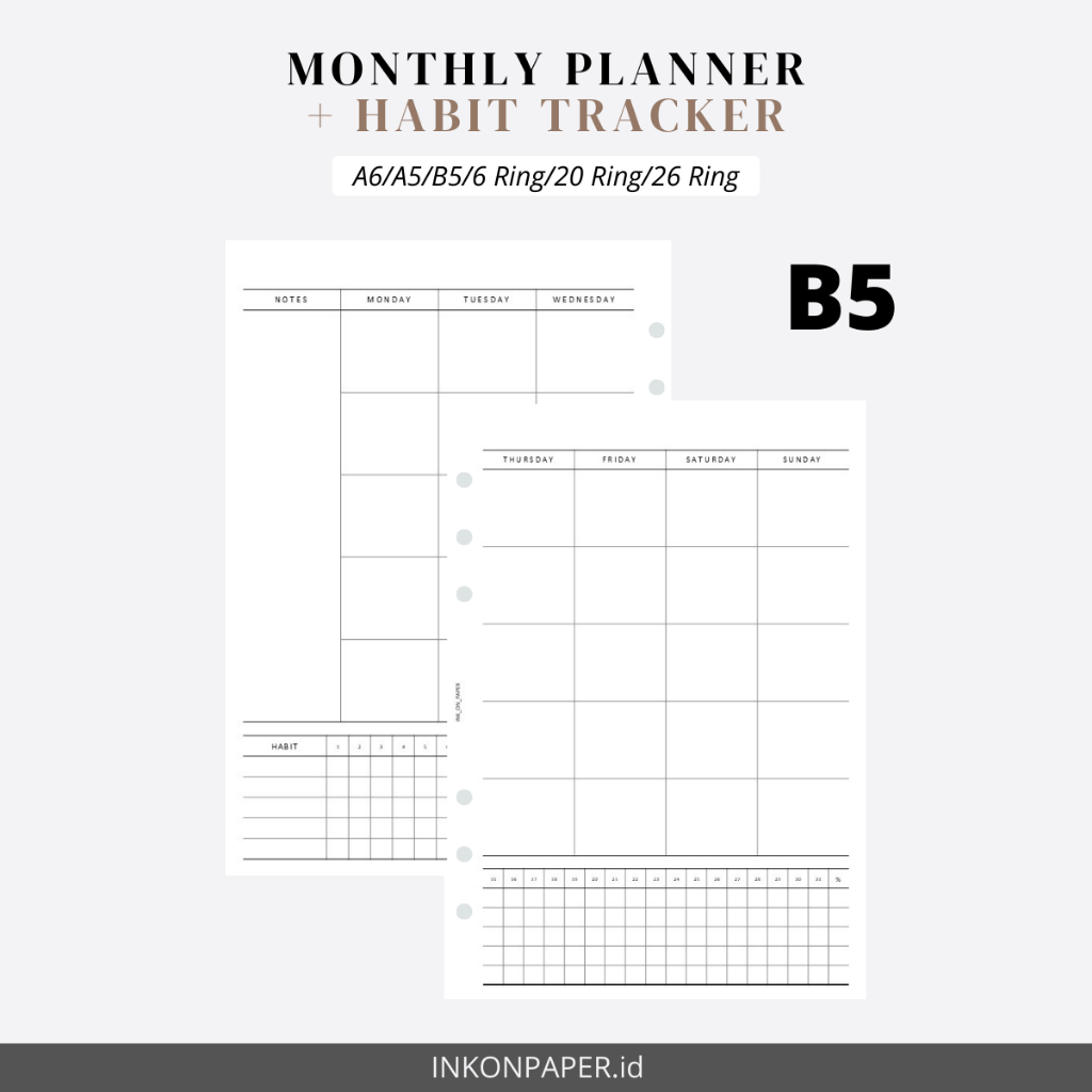 B5 - Planner รายเดือน + Habit Tracker โดย INK_ON_PAPER