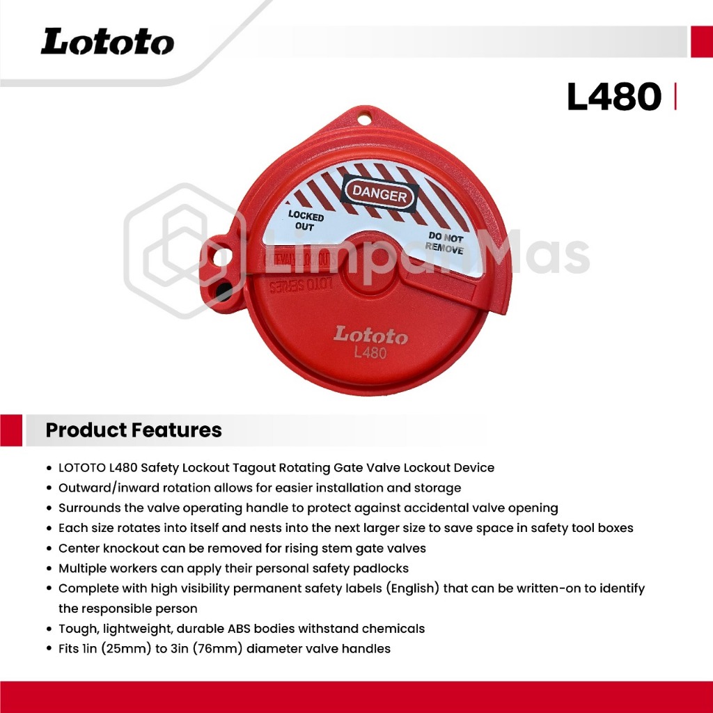 Loto Safety Loto วาล์วประตูหมุนได้ เส้นผ่านศูนย์กลางด้ามจับ 1in-3in - L480