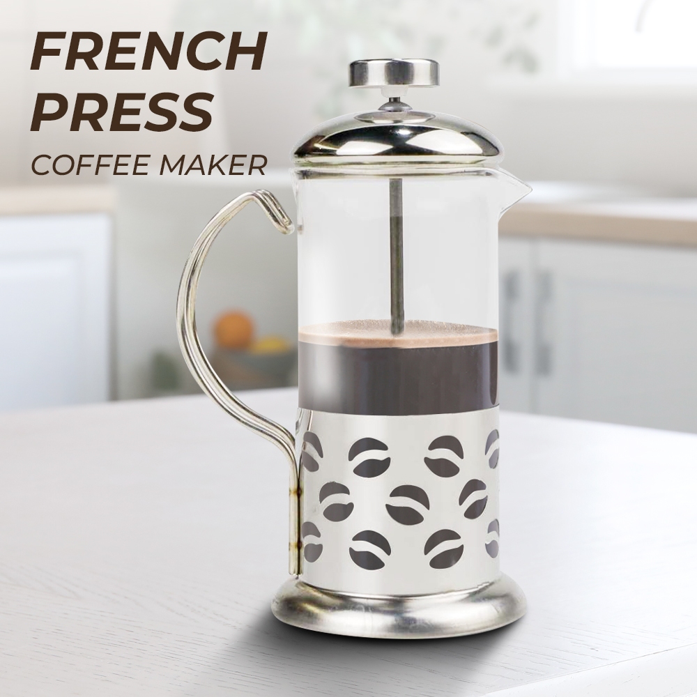 French Press Manual Coffee Maker Pot Beans Pattern 600ml - KG72I - สีเงิน