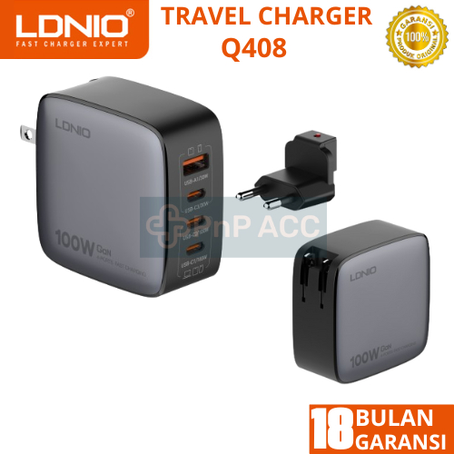 LDNIO Travel Charger Q408 100W 4 พอร์ต USB PD Charger USB-A+3 USB-C PD3.0 QC 3.0