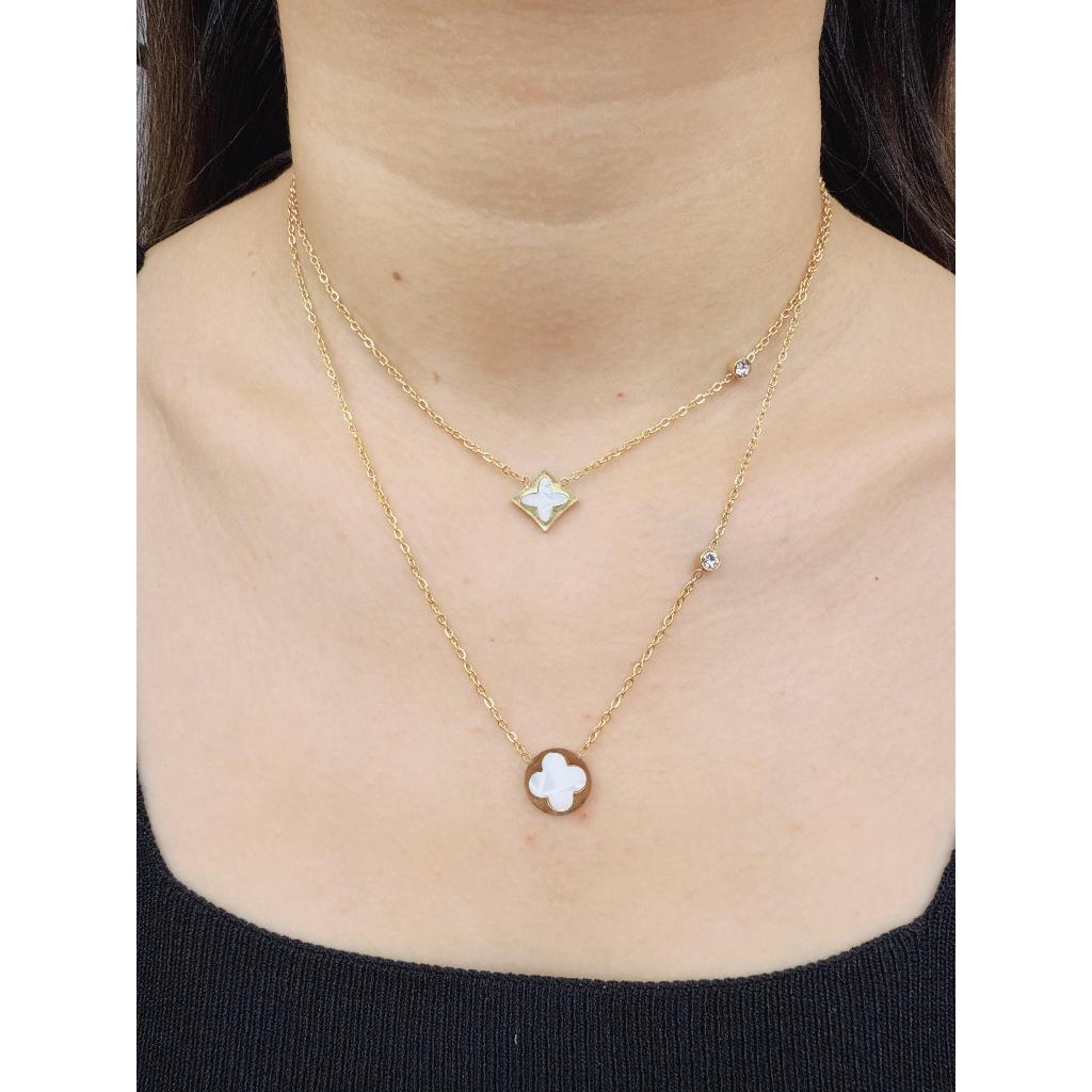 สร้อยคอไทเทเนียมโคลเวอร์ 2 ชั้นสําหรับผู้หญิง / สร้อยคอไทเทเนียม 18k KL02G