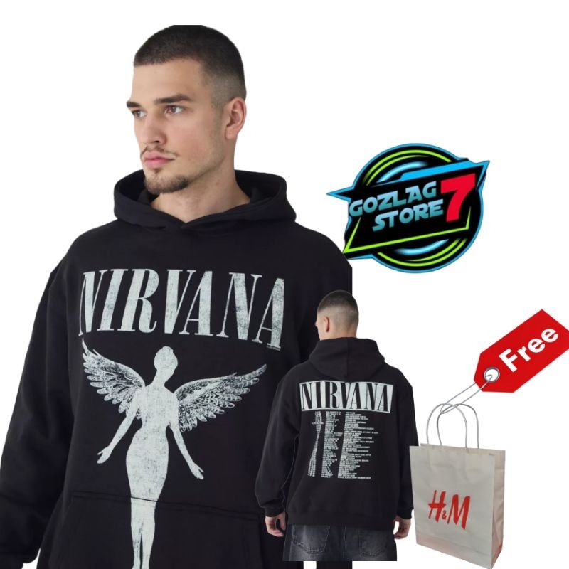 Hitam Gozlagstore7 เสื้อฮู้ด Nirvana สีดํา / เสื้อฮู้ดผู้ชาย / เสื้อฮู้ด h&m