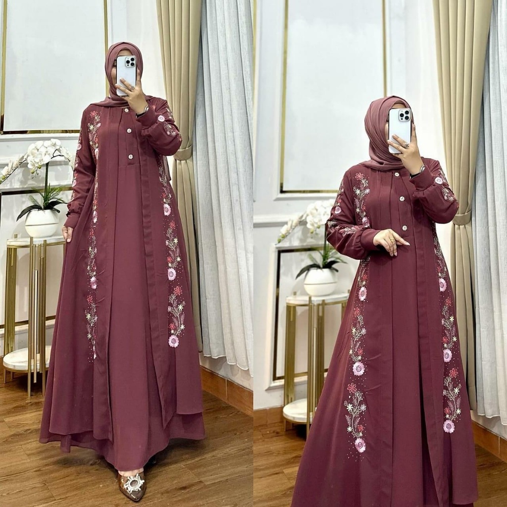 หรูหรา Contemporary Gamis Labella Dress CB วัสดุ Ceruty Babydoll Mix เย็บปักถักร้อยสองชั้น LD 100-12