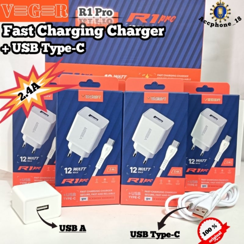 VEGER R1 PRO Type-C [1 กล่อง มี 12] เครื่องชาร์จสําหรับเดินทาง ชาร์จเร็ว พร้อมสาย Type-C 12W