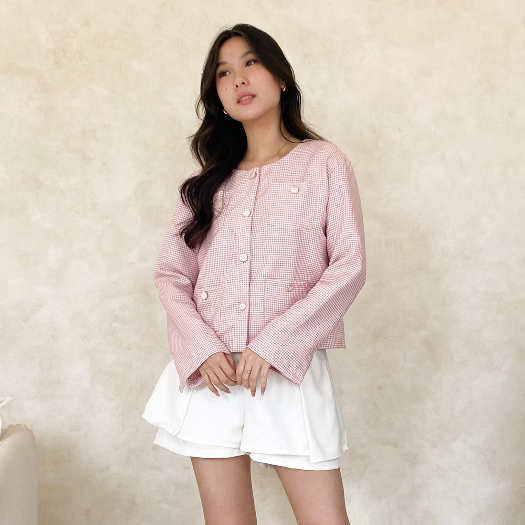 Jiwon Tweed Blazer Outerผู้หญิงแขนยาวปุ่มด้านนอก - Eleonor