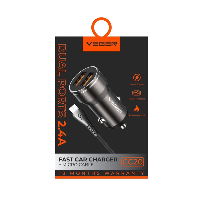 IMMEDIATELY SEND Saver VEGER CC2 ที่ชาร์จแบตในรถ VEGER CC2 2เอาท์พุท 24A ชาร์จเร็วด้วย MICRO USB ORI